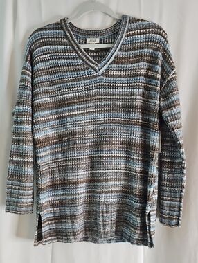 a.n.a V-Neck Striped Knit Sweater - Blue & Brown